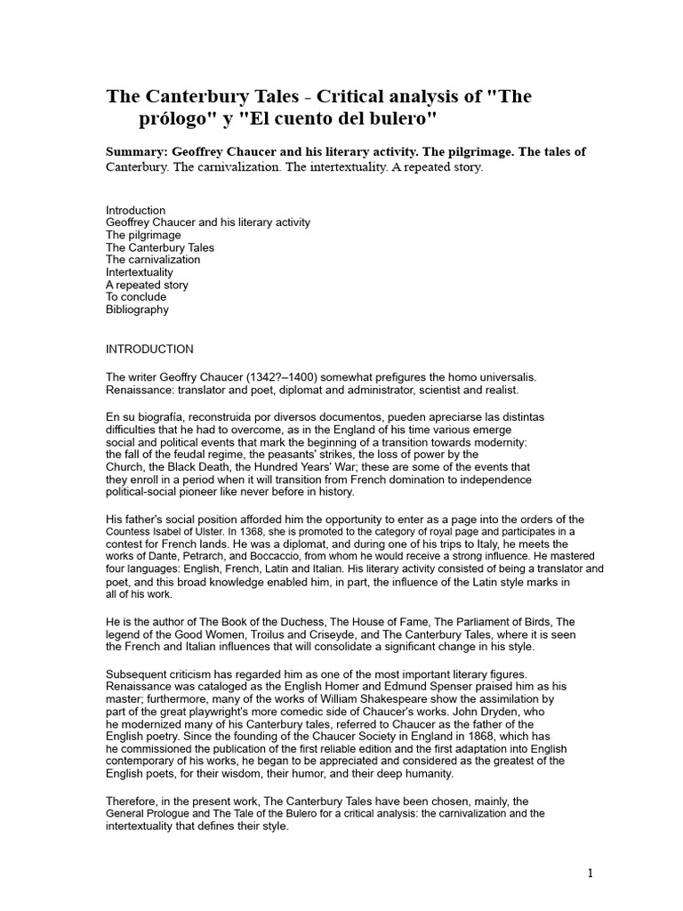 Chaucer's Canterbury Tales Analysis | PDF | The Canterbury Tales ...