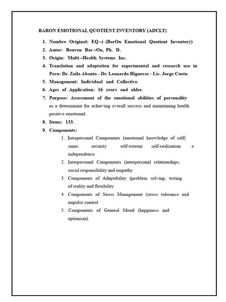 Baron Emotional Quotient Inventory (Adult) | PDF