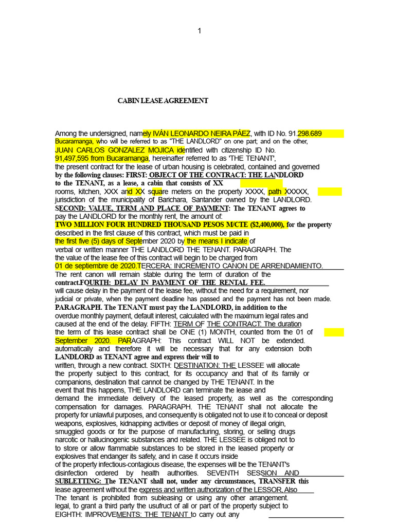 Model Lease Agreement Cabin | PDF | Lease | Leasehold Estate