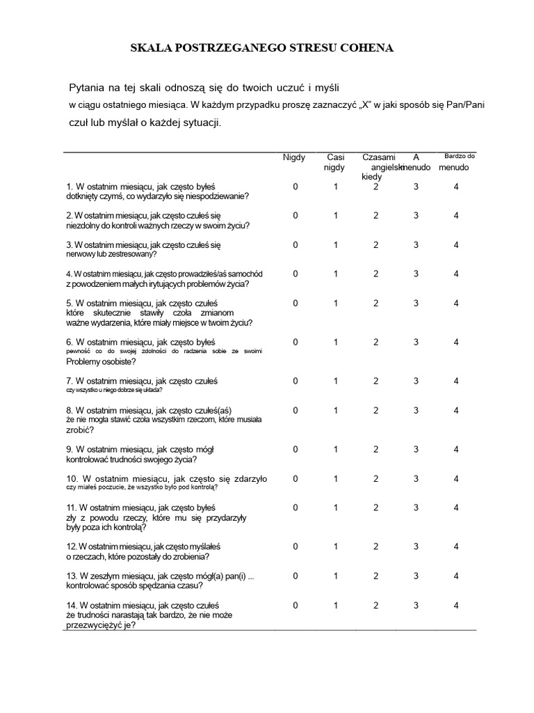 Skala Postrzeganego Stresu Cohena | PDF