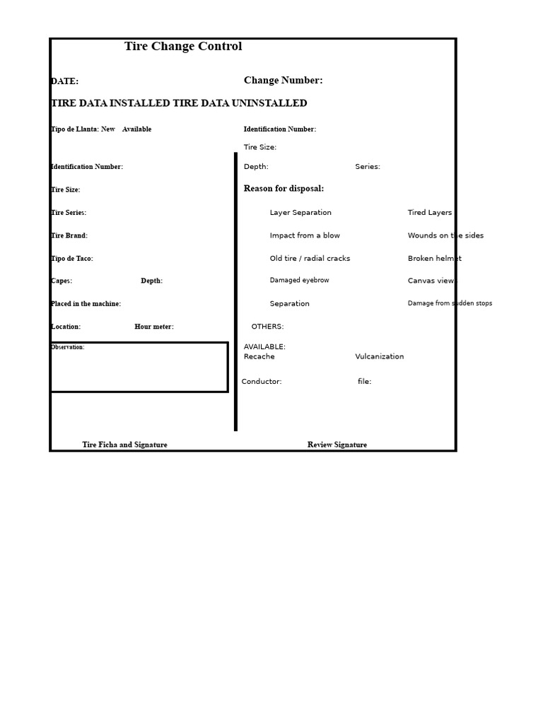Tire Change Control Log Template | PDF