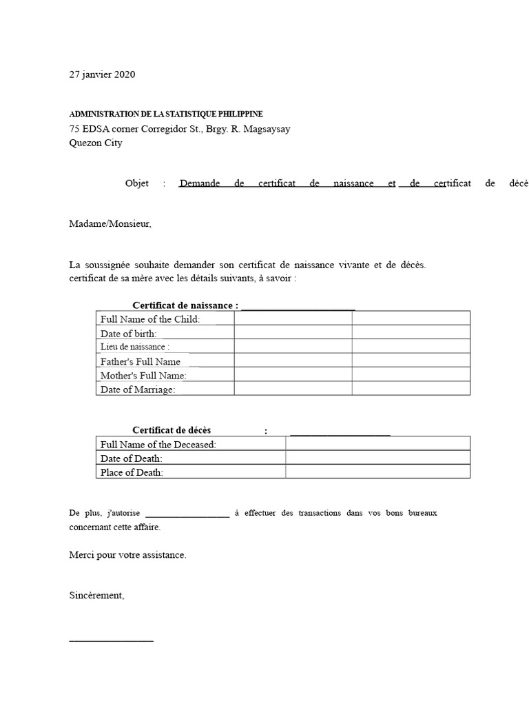 Demande de certificats de naissance et décès | PDF
