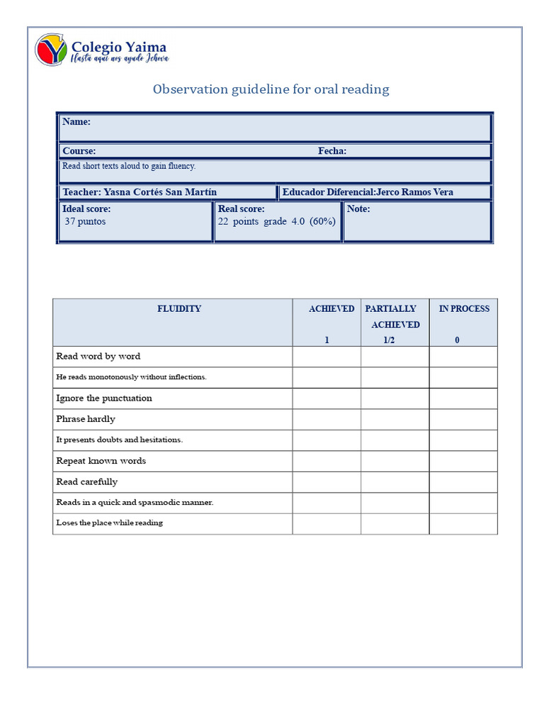 Guideline Observation Oral Reading Second | PDF | Word | Human ...