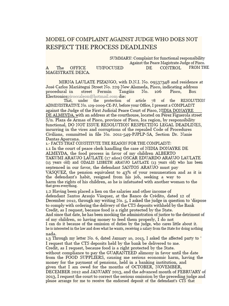 Complaint Model Against Judge Who Does Not Respect Procedural Deadlines ...