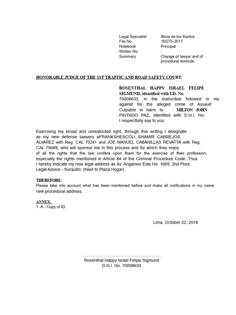 Change of Lawyer Notification Document | PDF