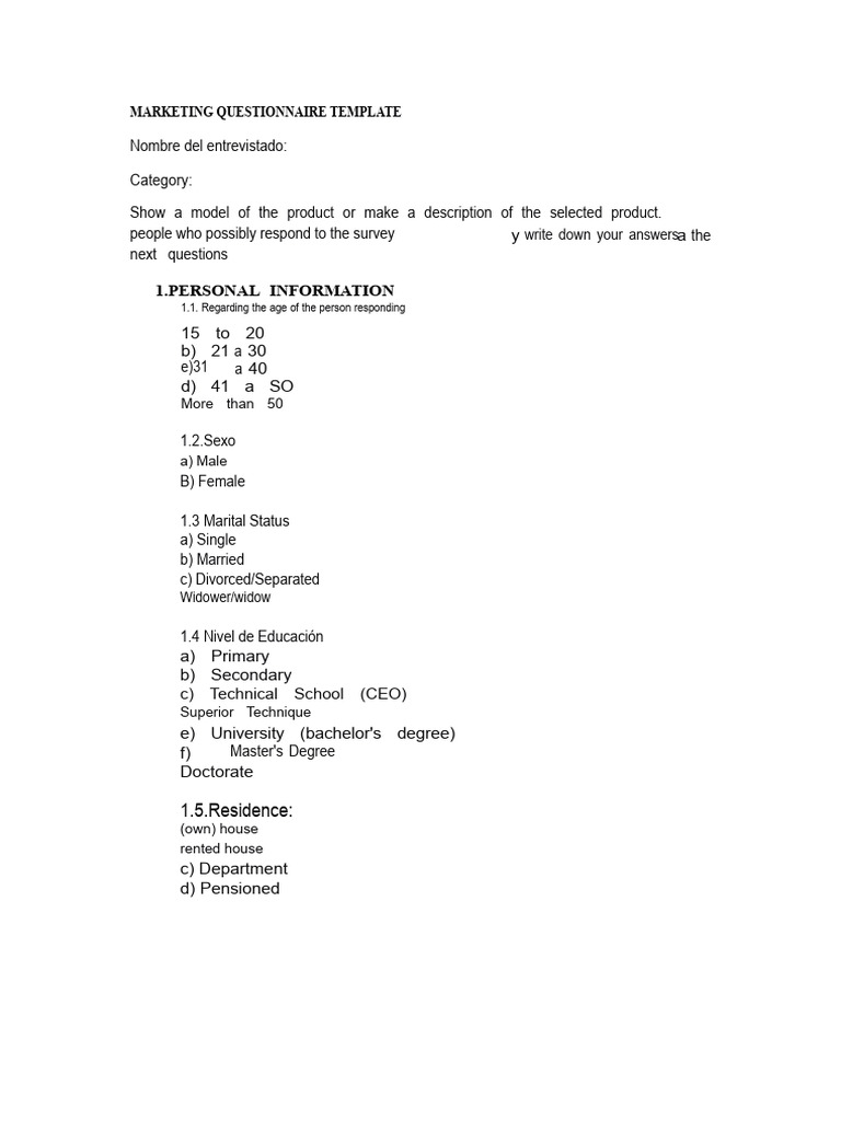 Marketing Questionnaire Template | PDF | Questionnaire | Business