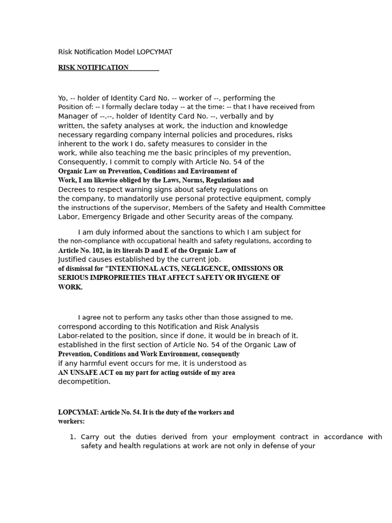 Risk Notification Model LOPCYMAT | PDF | Occupational Safety And Health ...