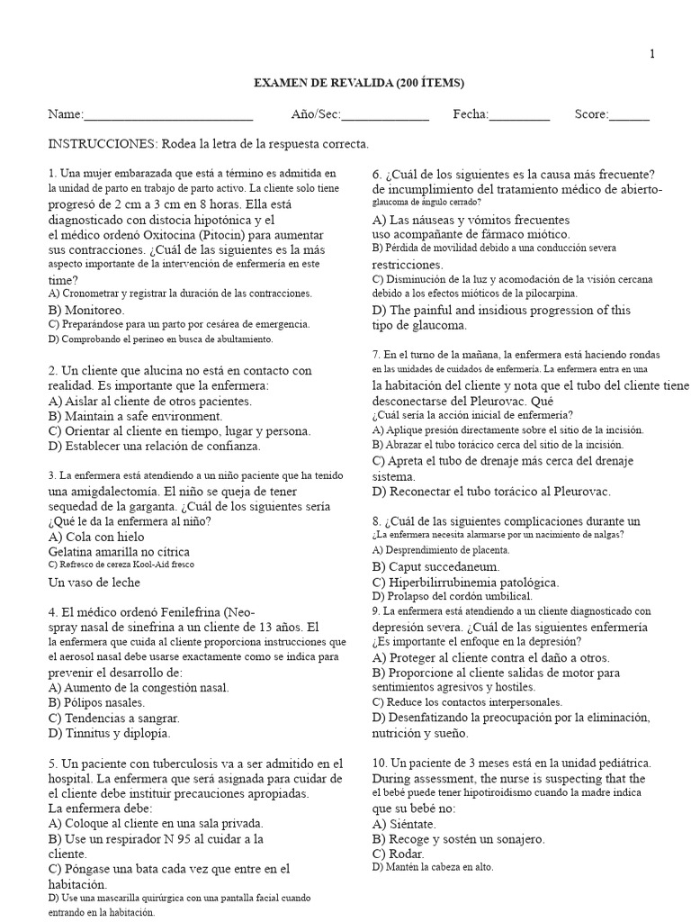 Examen de Revalida para Enfermería: 200 Ítems | PDF | Enfermería | El ...