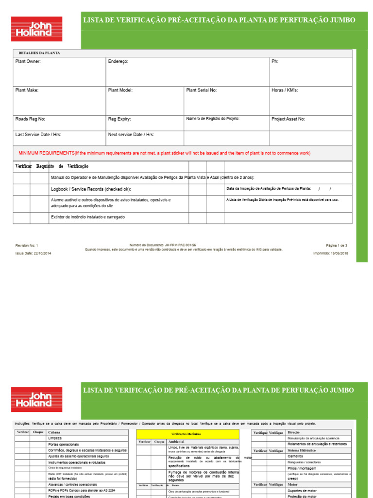 Checklist Pré-Aceitação Perfuração Jumbo | PDF | Motores | Parafuso