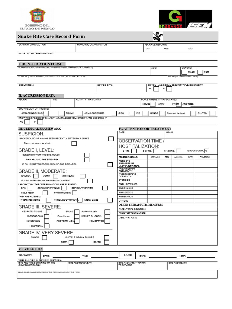 Snake Bite Treatment Record Form | PDF | Clinical Medicine | Diseases ...