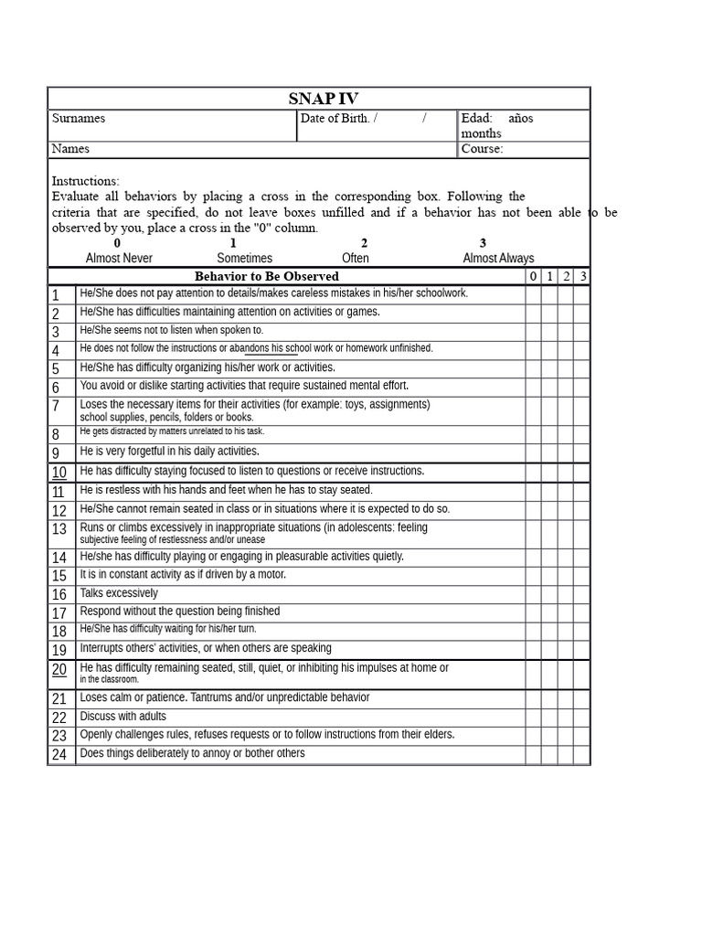 Snap Iv | PDF | Attention Deficit Hyperactivity Disorder | Human ...