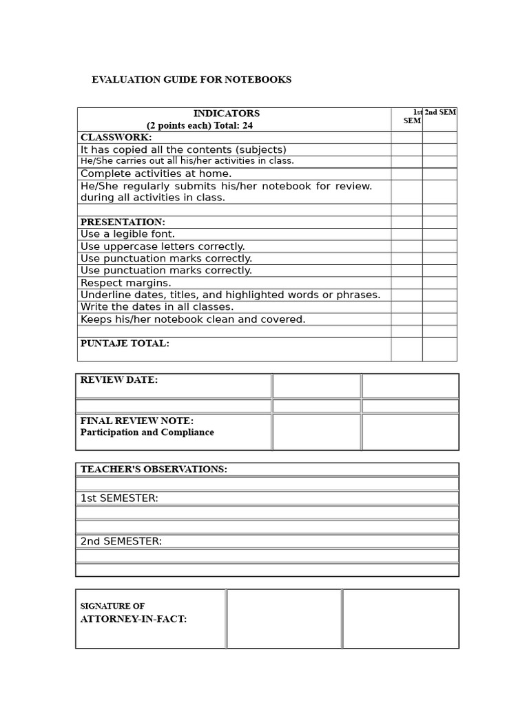 Notebook Evaluation Guide for Students | PDF