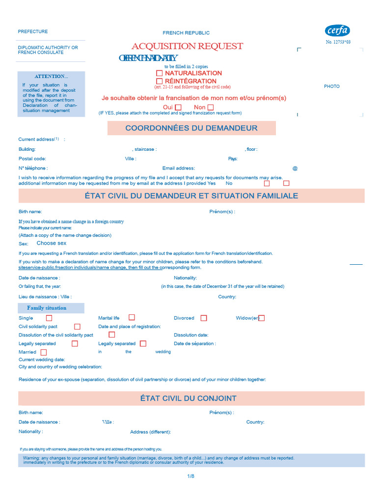 French Nationality Acquisition Application Form | PDF | Marriage | Divorce