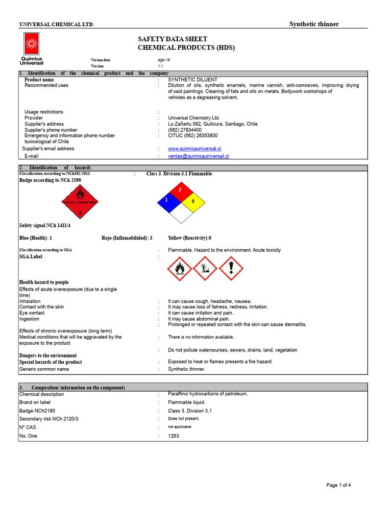 Safety Data Sheet for Synthetic Thinner | PDF | Combustion | Personal ...