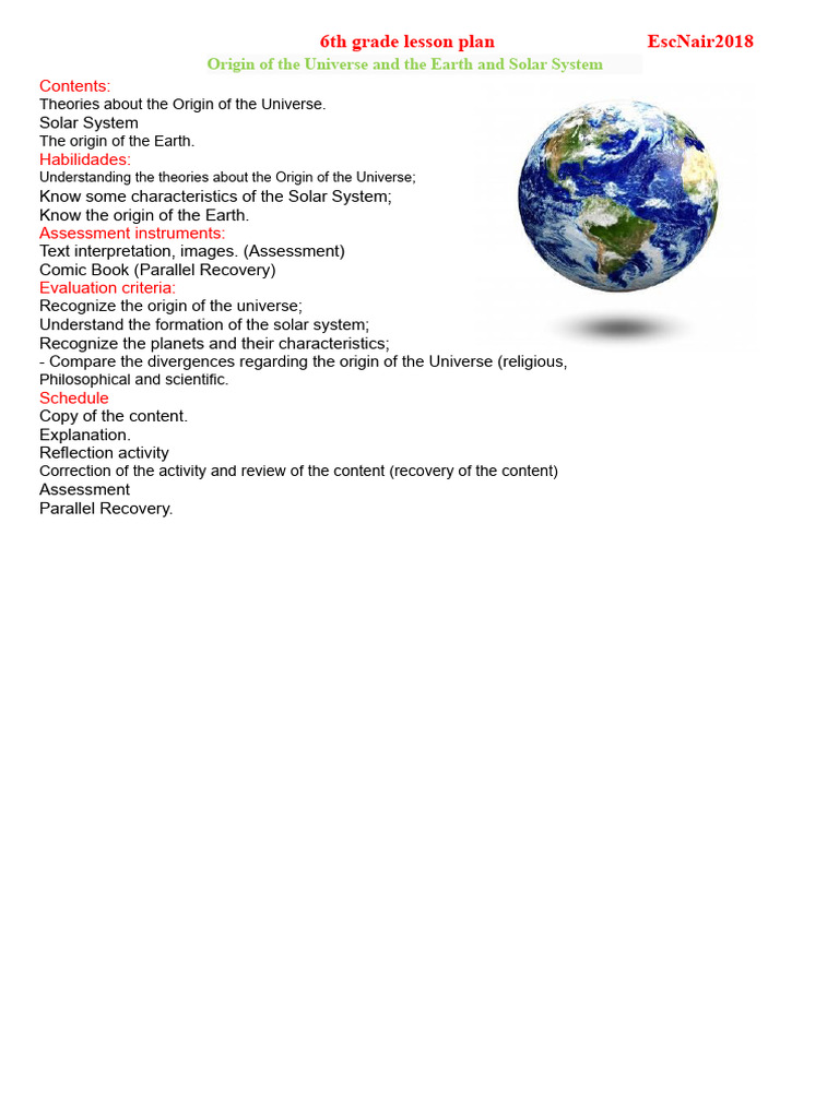 Lesson Plan 6th Grade THE SOLAR SYSTEM EscNair2018 | PDF | Sun | Solar ...