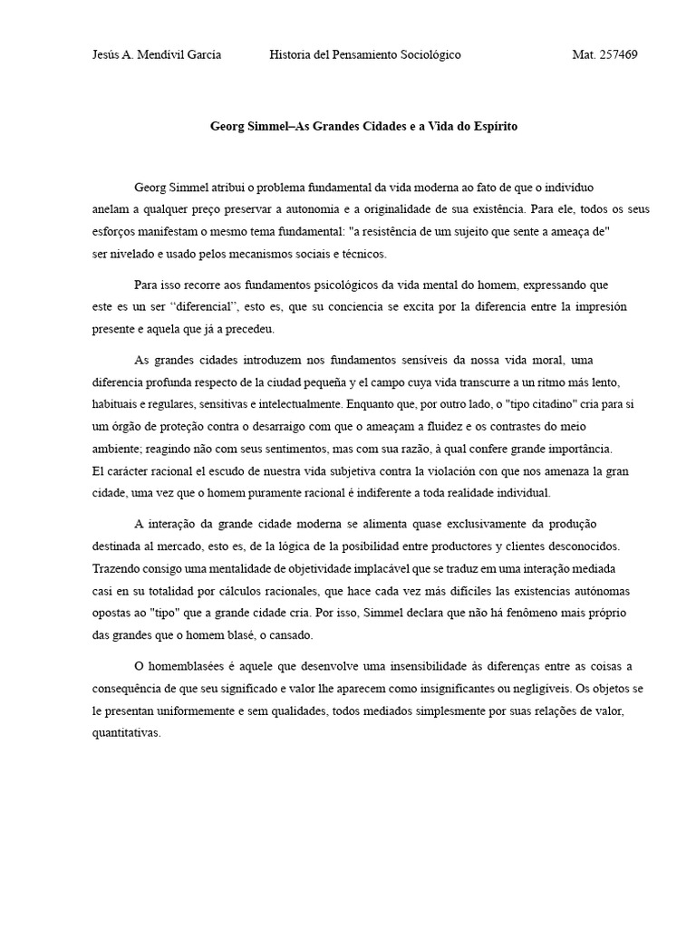 Simmel e a Vida nas Grandes Cidades | PDF | Sociologia | Vida