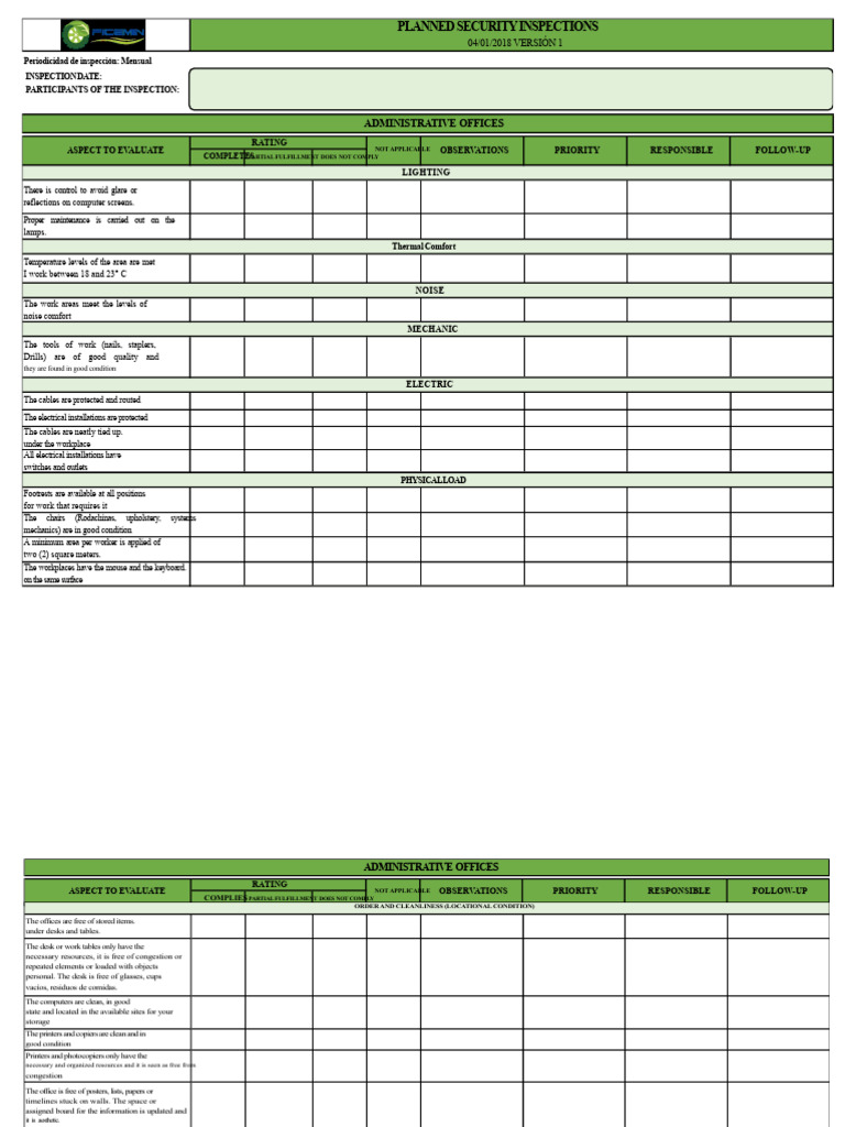Monthly Security Inspection Checklist | PDF | Lighting | Photocopier