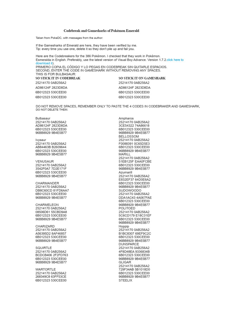 Pokémon Emerald Codebreak & Gameshark | PDF | Pokémon