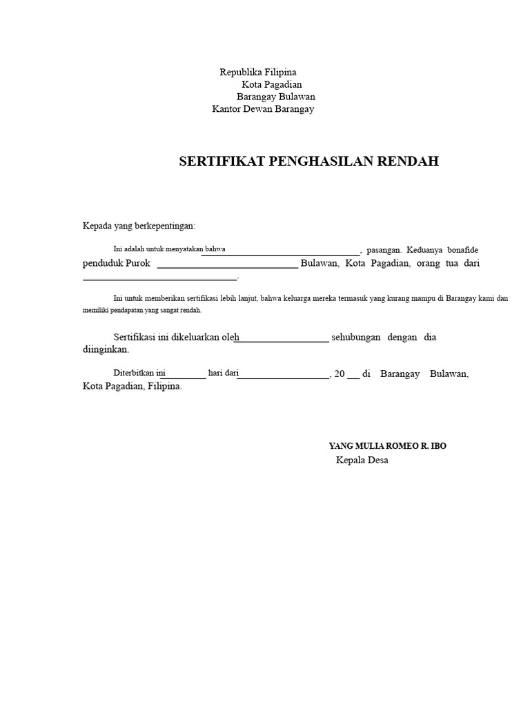 Sertifikat Pendapatan Rendah Pagadian | PDF