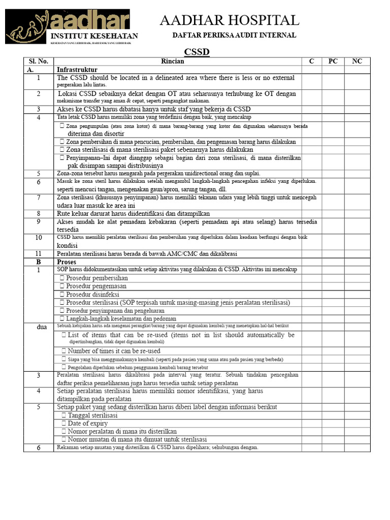 Audit Internal CSSD Aadhar Hospital | PDF