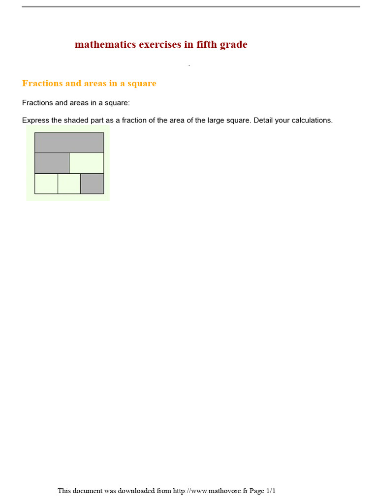 Exercises Fractions and Areas in A Square Math Fifth Grade 1631 | PDF