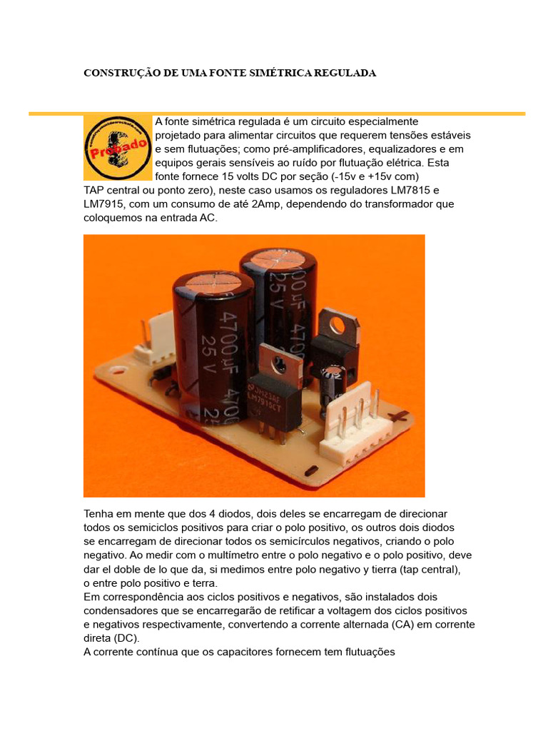Construção de Uma Fonte Simétrica Regulada | PDF | Diodo | Corrente ...