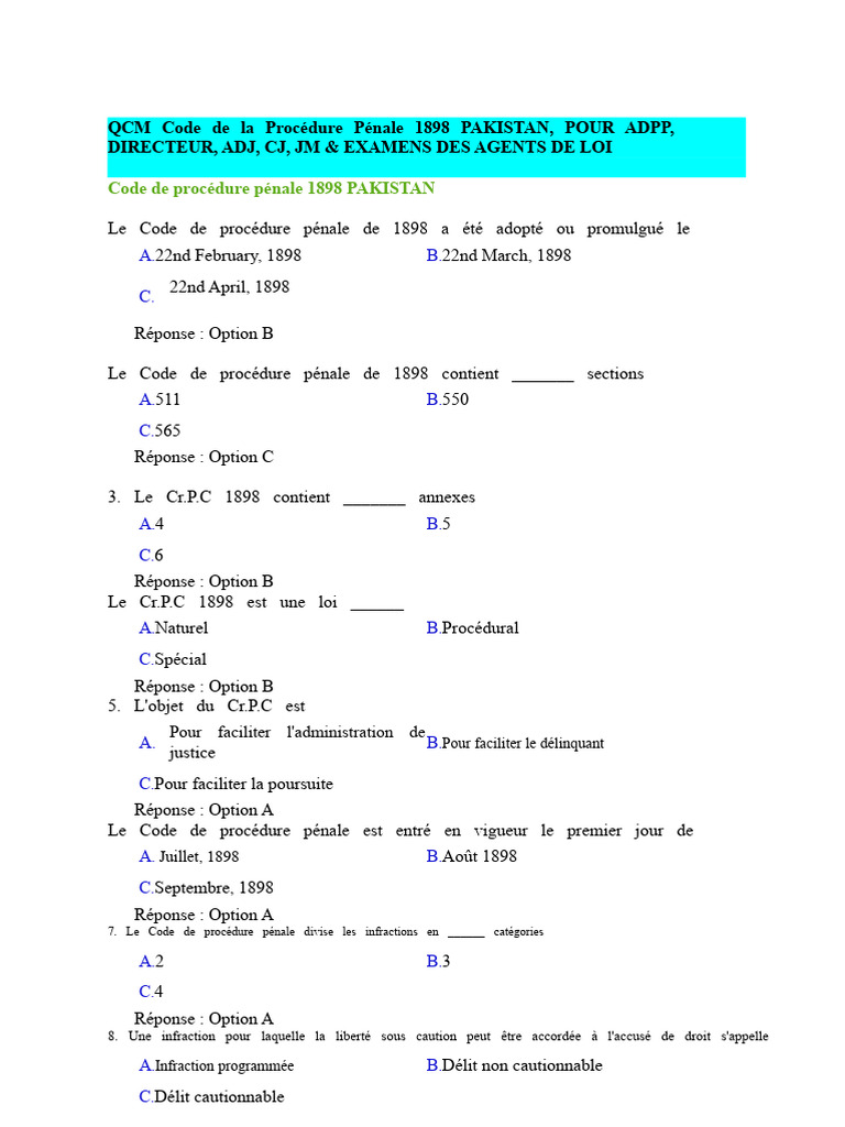 QCM sur le Code de Procédure Pénale 1898 | PDF | Crimes | Crime et violence