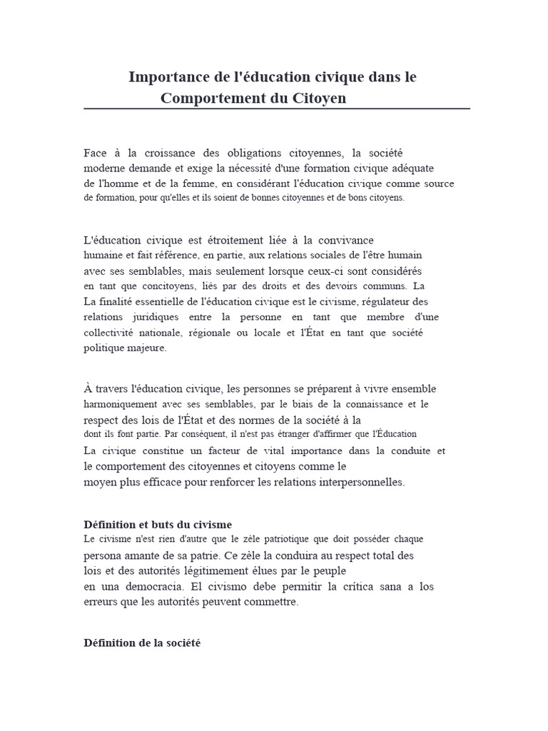 Importance de L'éducation Civique Dans Le Comportement Du Citoyen | PDF ...