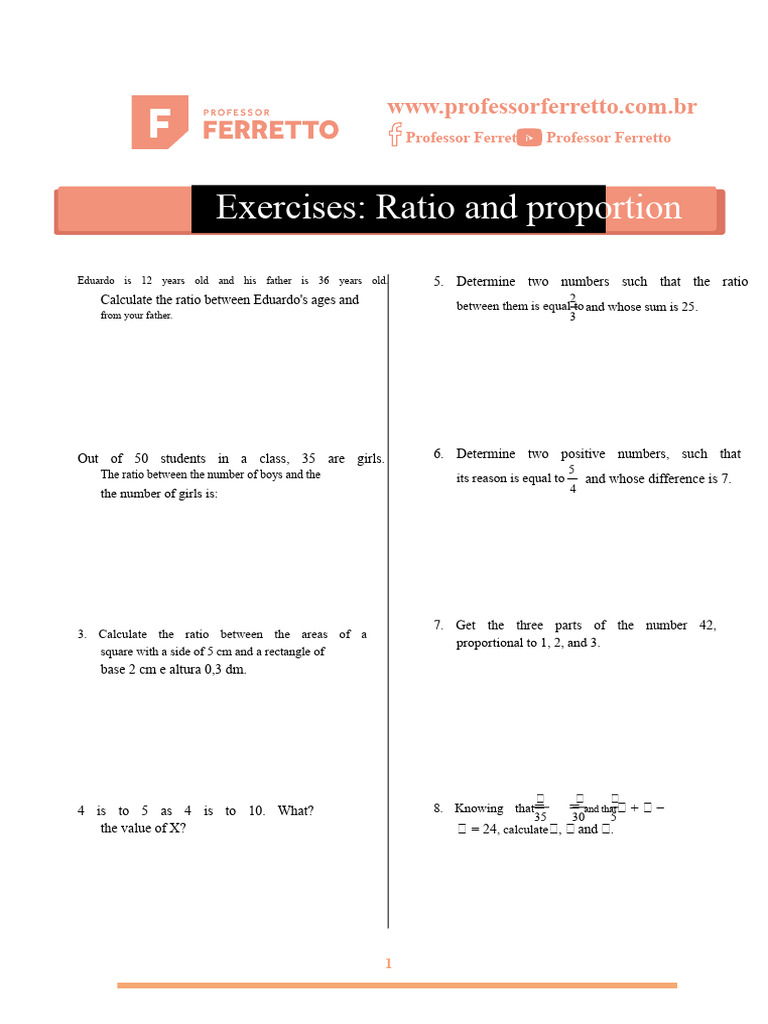 Ratio and Proportion Exercises | PDF | Odds | Ratio