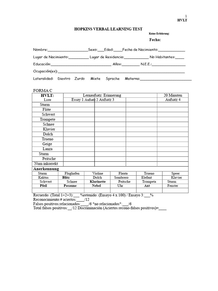 Hopkins Verbal Learning Test | PDF