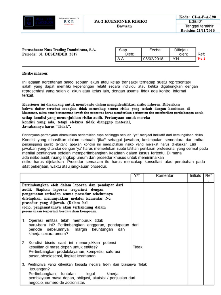 Kuesioner Risiko Inheren Audit Keuangan | PDF