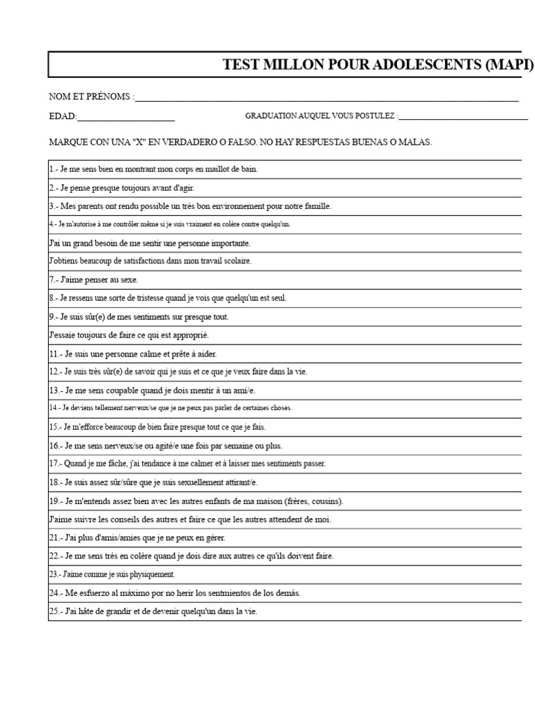Test Millon pour Adolescents (MAPI) | PDF | Psychologie | Émotions