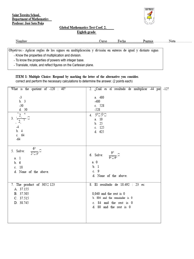 Eighth Grade Math Test Questions | PDF | Multiple Choice | Bacteria