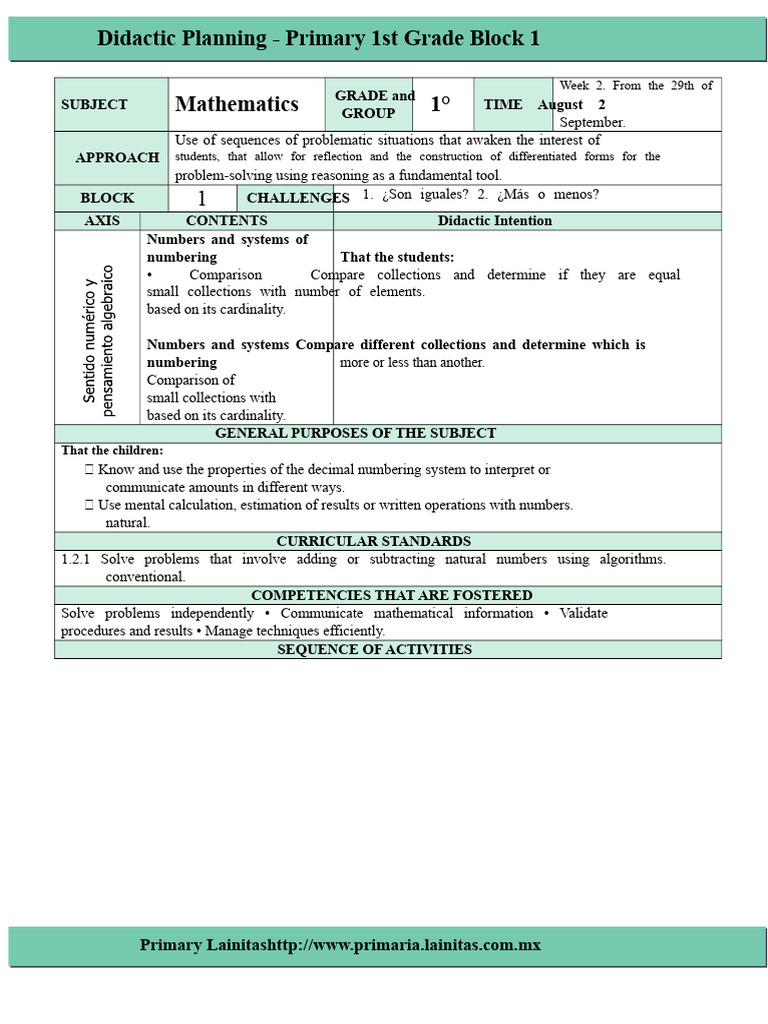 1st Grade Plan - Block 1 Mathematics (2016-2017) | PDF | Mathematics ...
