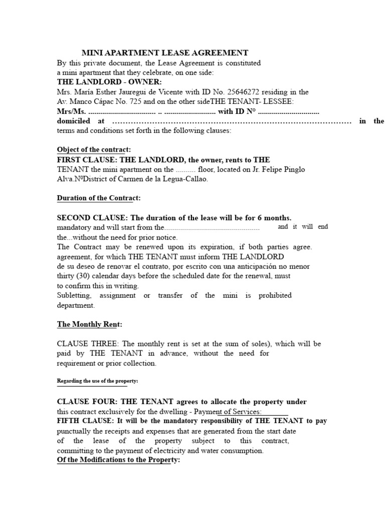 Model Lease Agreement for Mini Apartment | PDF | Lease | Leasehold Estate