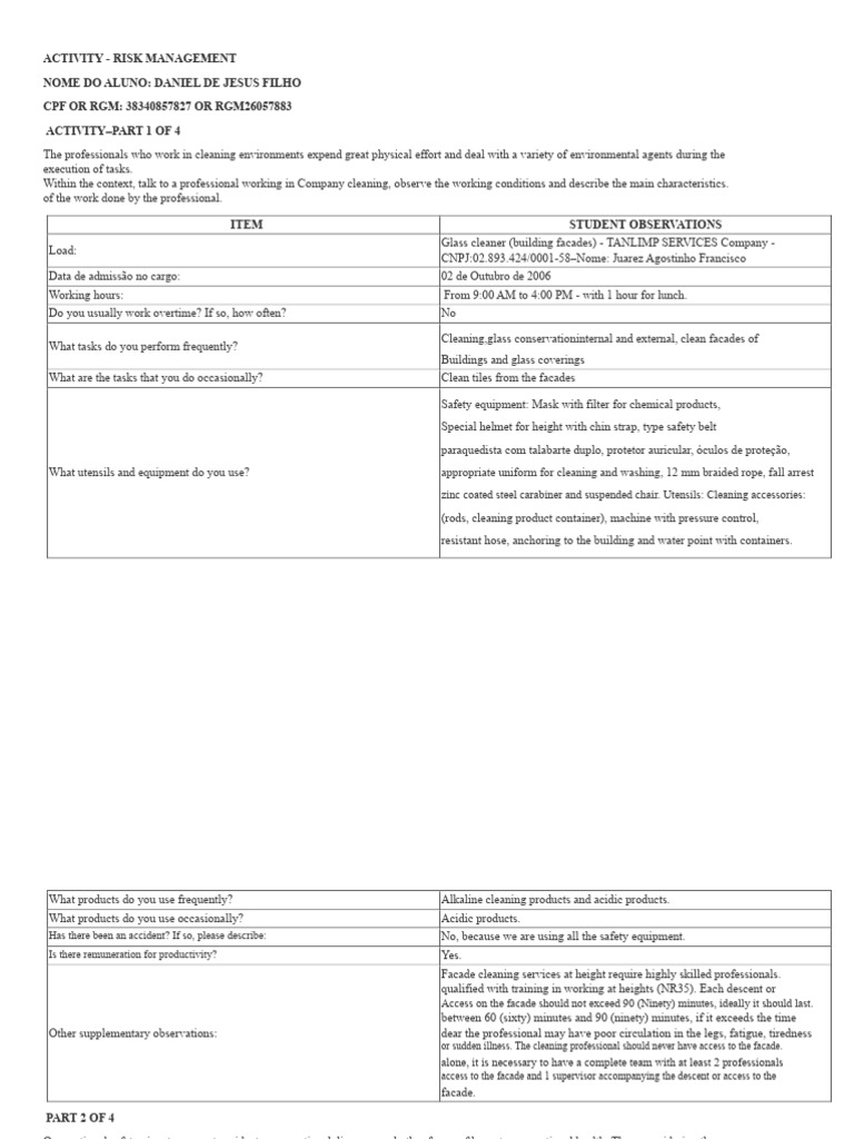 REVIEW - Risk Management Activity - WINDOW CLEANER | PDF | Occupational ...