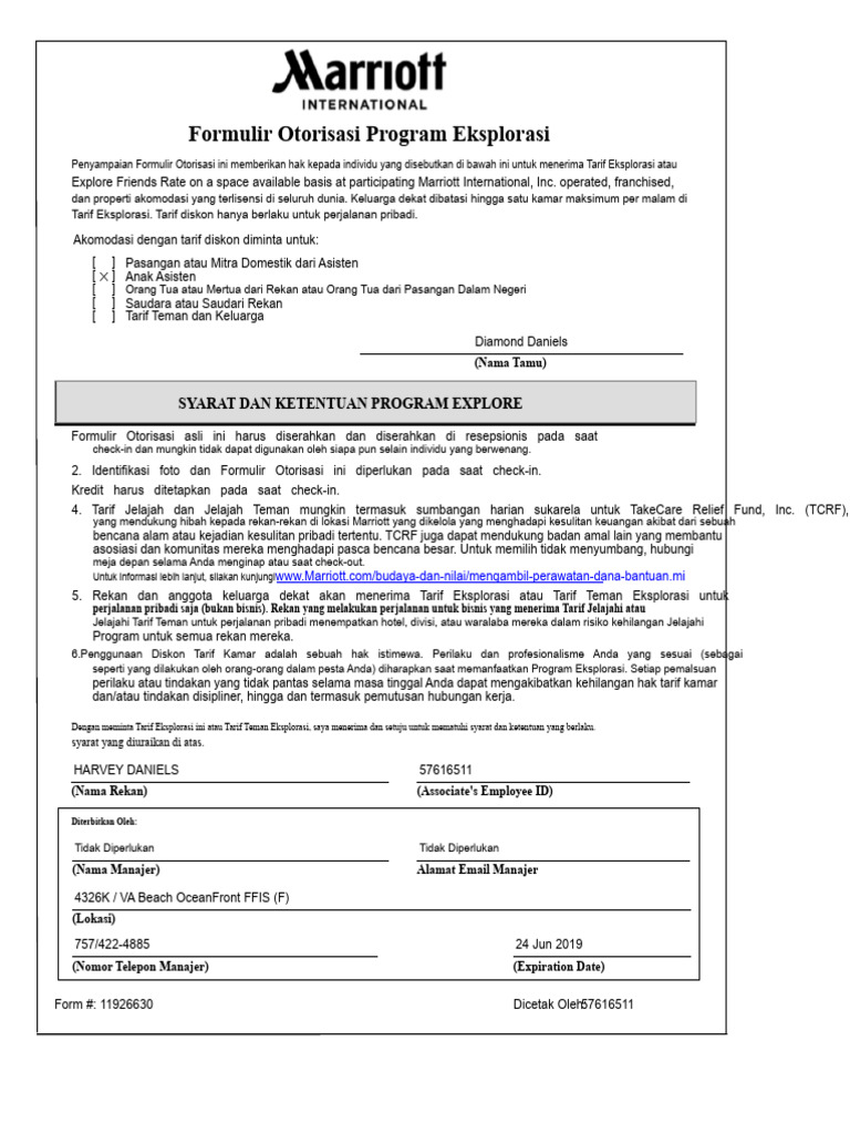 Otorisasi Tarif Eksplorasi Marriott | PDF