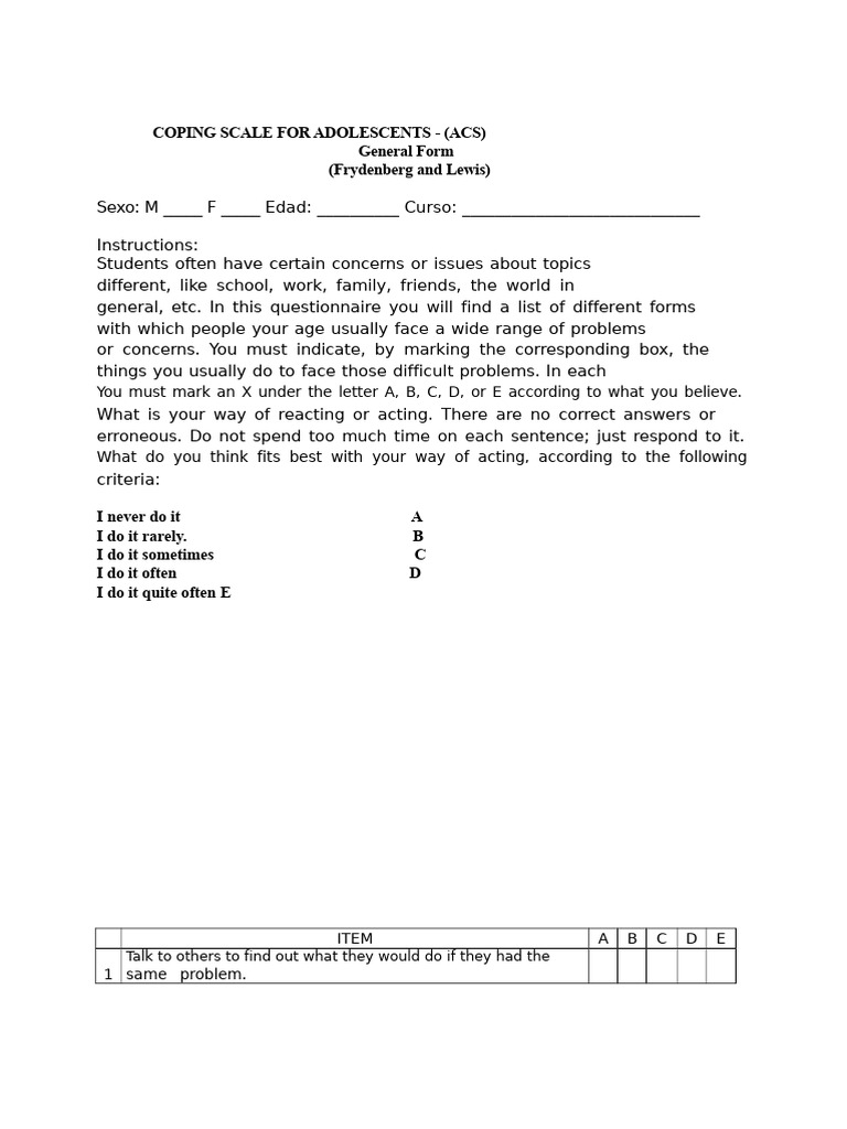 Adolescent Coping Scale Questionnaire | PDF | Questionnaire ...