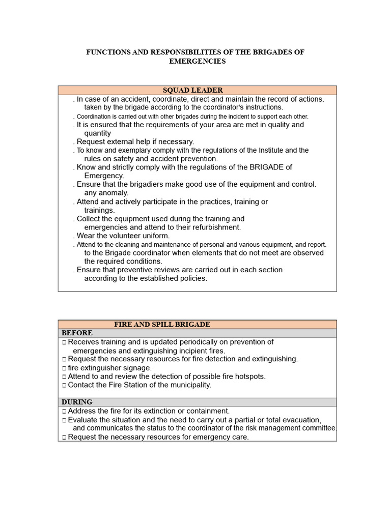Emergency Brigade Roles and Responsibilities | PDF | Emergency ...