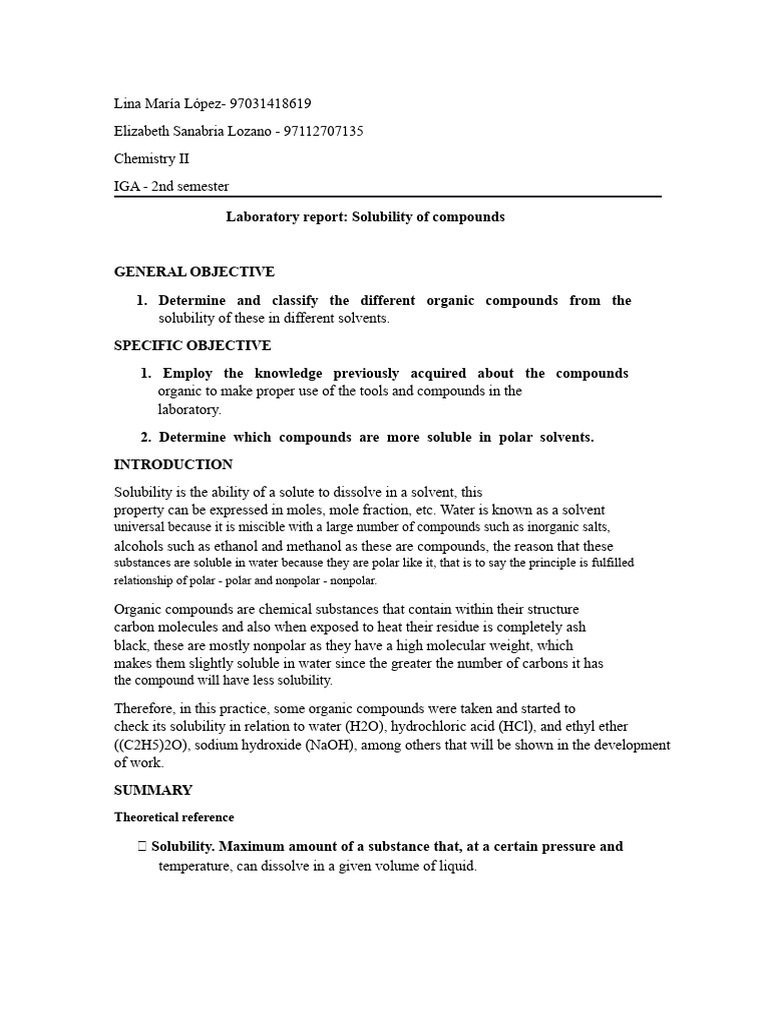 Solubility of Organic Compounds Lab Report | PDF | Solubility | Solvent