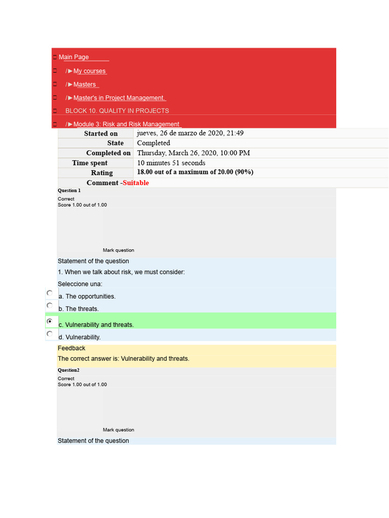 Project Risk Management Quiz Results | PDF | Risk | Risk Management