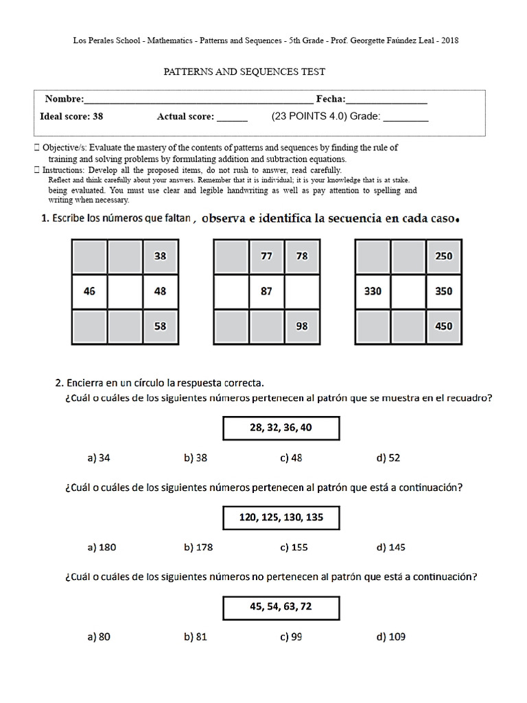 Patterns and Sequences Test 5th Grade | PDF