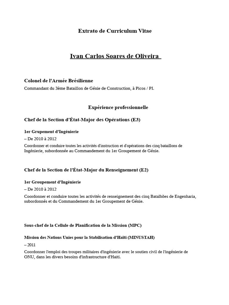 CV d'Ivan Carlos Soares de Oliveira | PDF | Mission des Nations unies ...