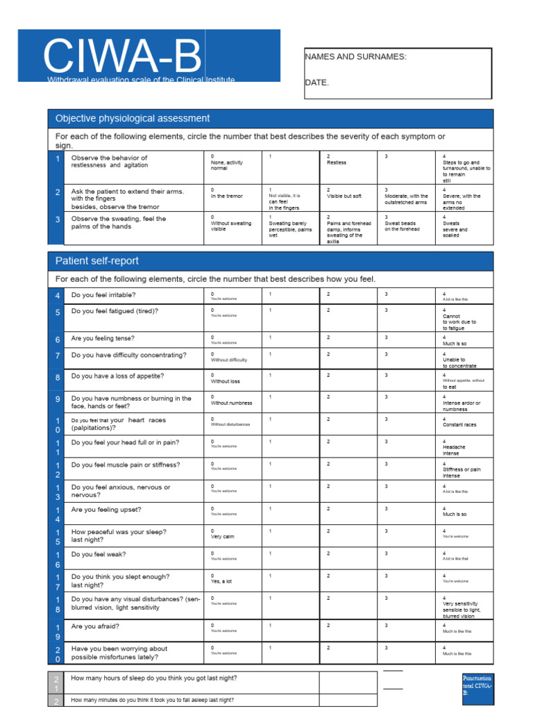 CIWA-B Benzodiazepine Withdrawal Scale | PDF | Drug Withdrawal ...