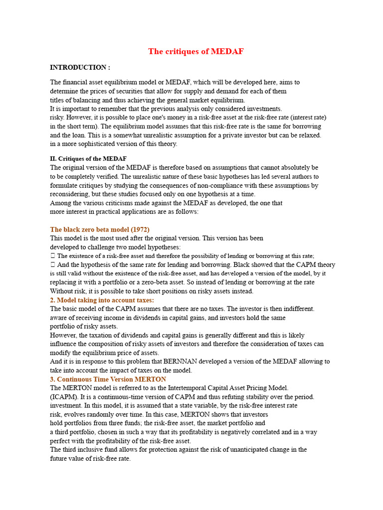 The Critiques of The MEDAF | PDF | Capital Asset Pricing Model ...