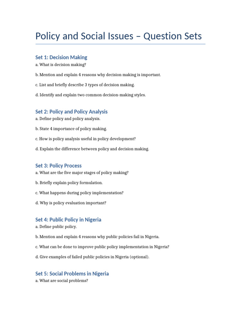 Policy and Social Issues Question Sets | PDF