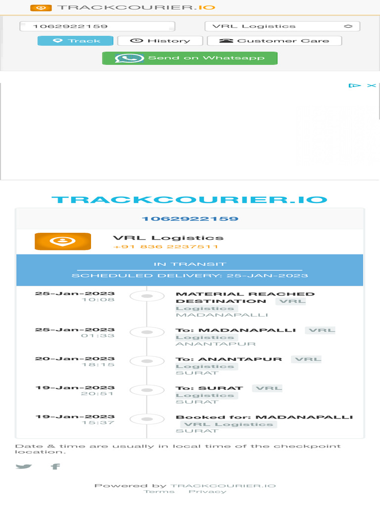VRL Logistics Shipment Tracking Details | PDF