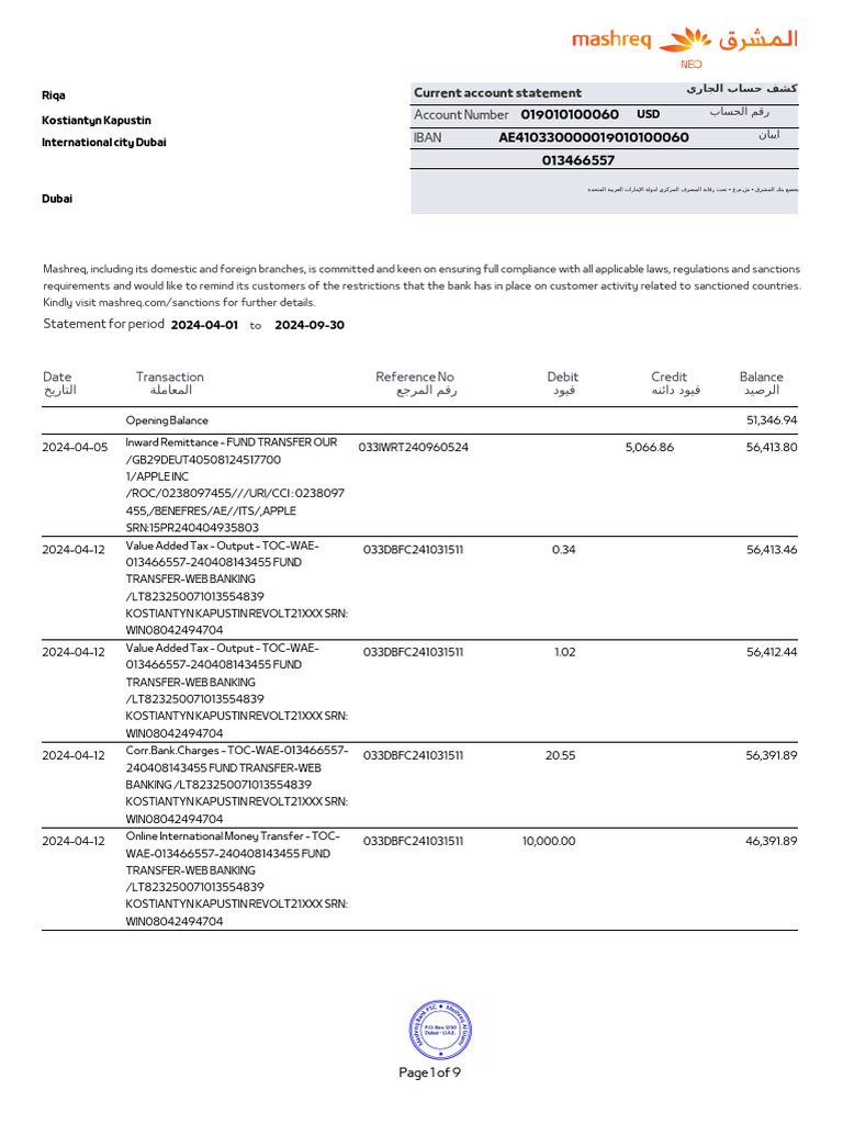 Account Statement 019010100060 Mashreq USD Personal Kapustin | PDF ...