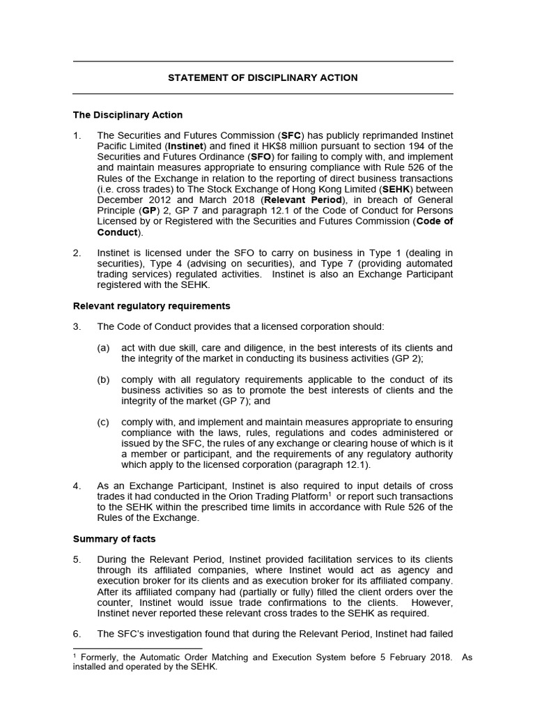 Instinet Fined HK$8M for Reporting Failures | PDF