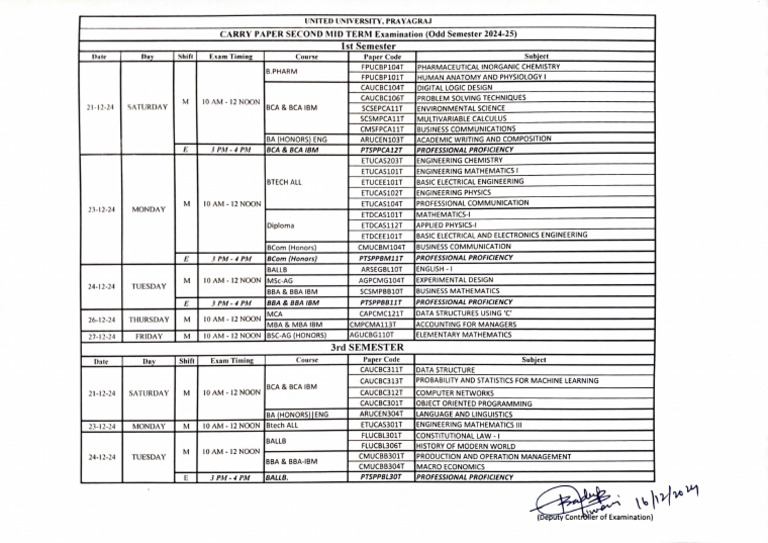 Carry Paper - 2nd Mid Term Exam Schedule 2024-25 Odd Semester | PDF